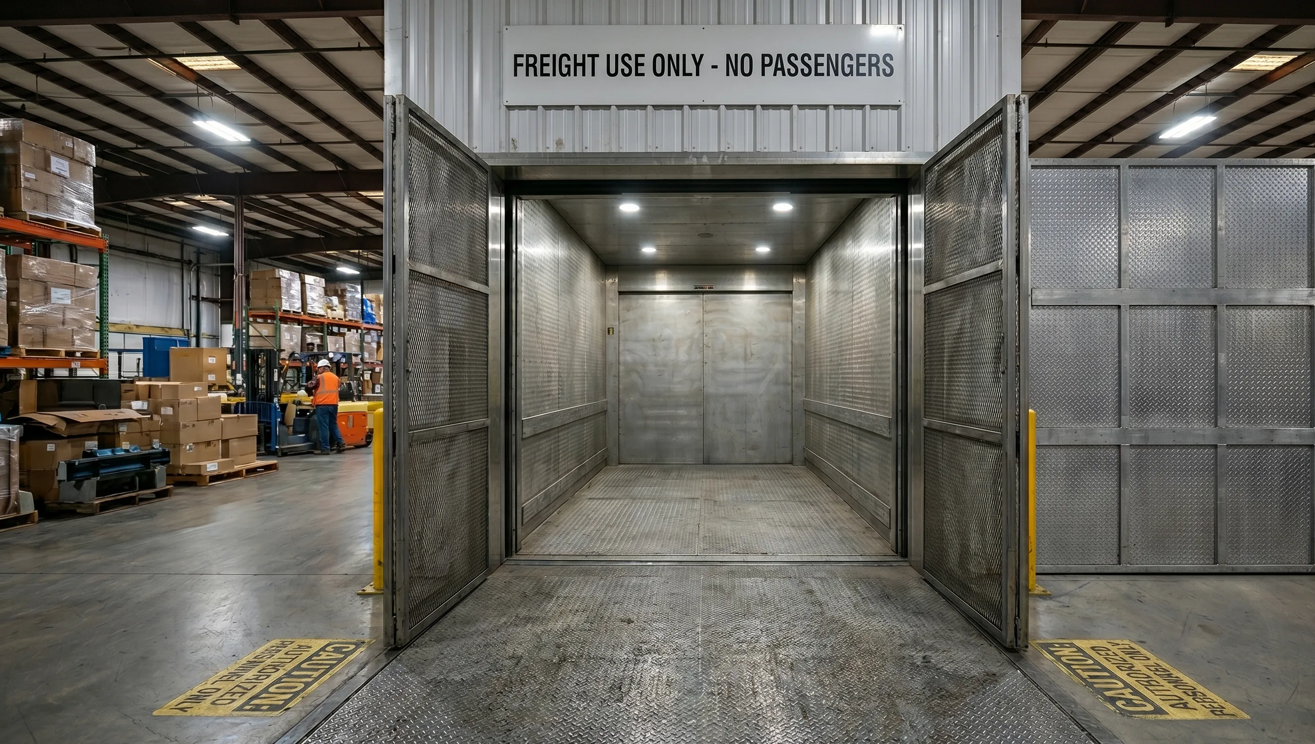 Freight elevator cab and doors used for freight and material movement