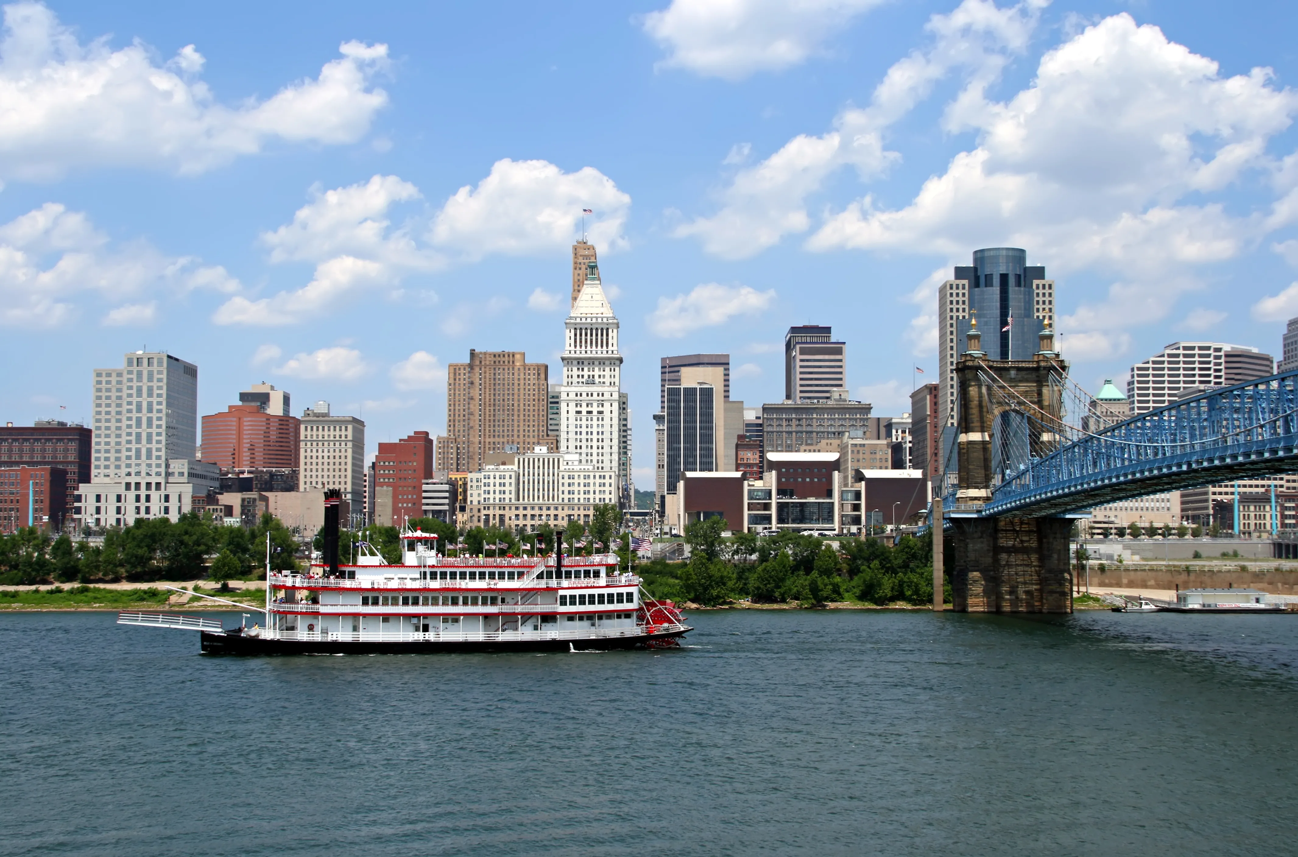 Commercial elevator cab with view of the Ohio River and downtown Cincinnati